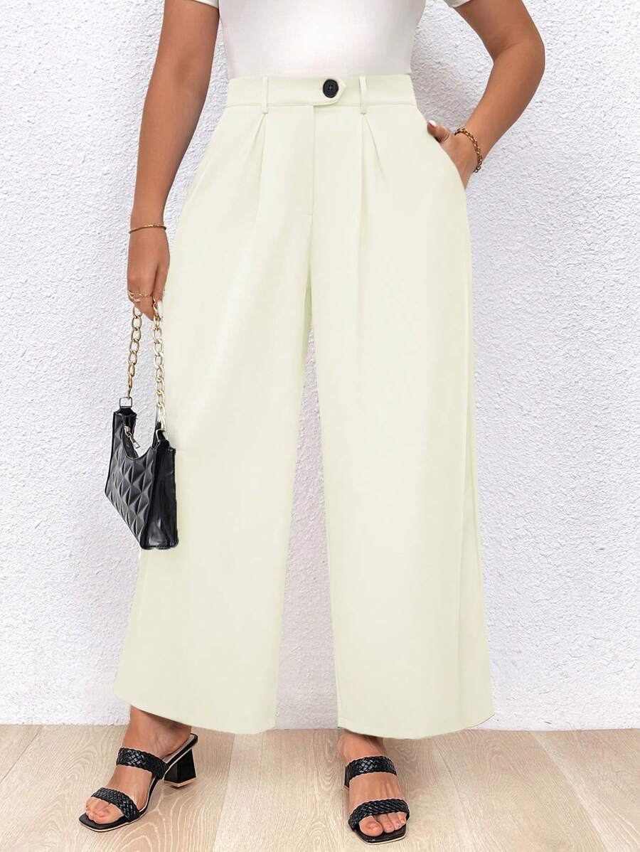 Calvaya 大尺碼女款純色百褶長褲