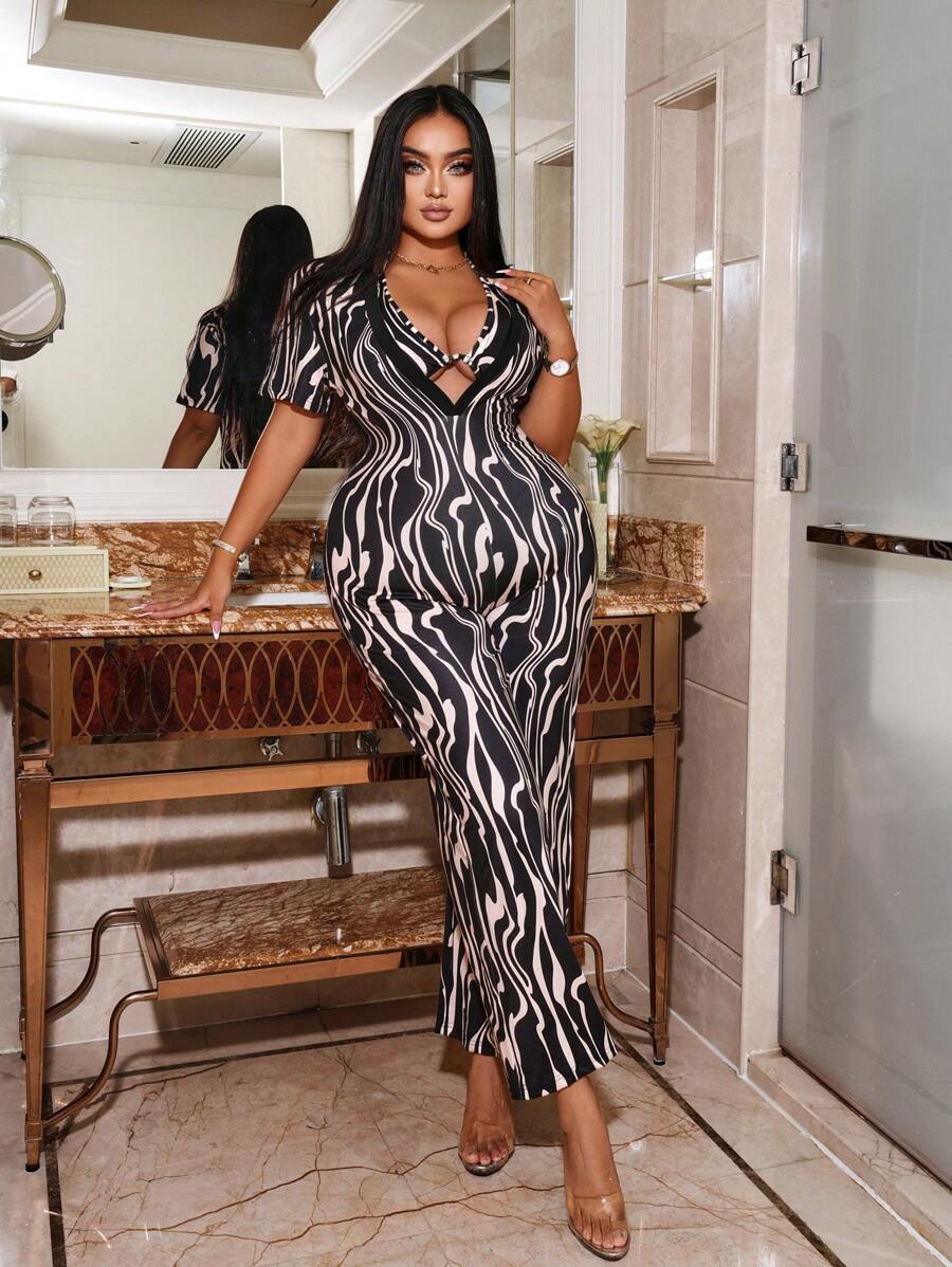 Allurite Plus Zebra Striped Plunging Neck Jumpsuit - Black - View 1