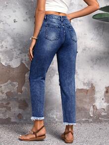 SHEIN LUNE Pantalones vaqueros informales en forma de cono con efecto desgastado, lavados - Azul lavado oscuro - Ver 2
