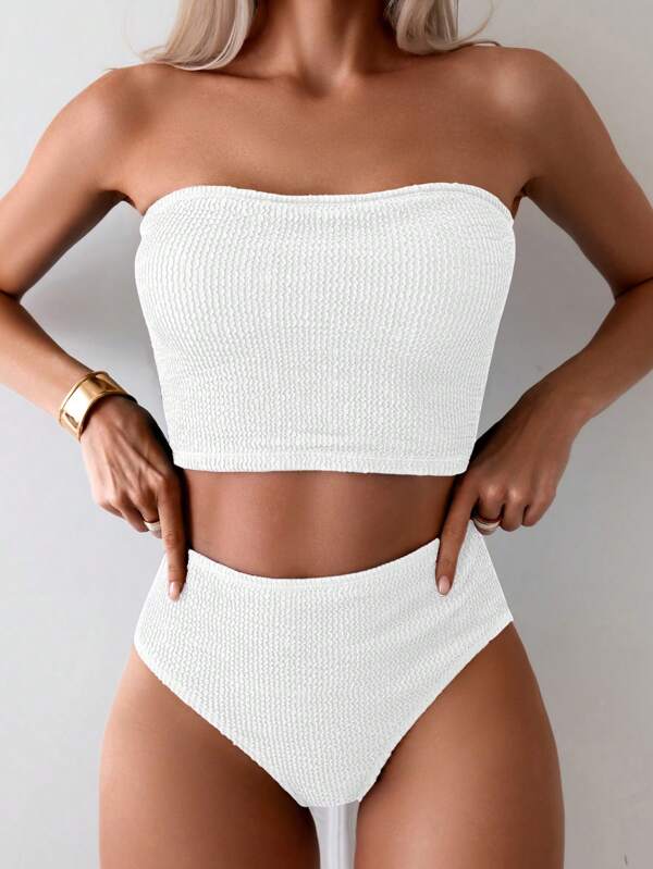 Swim Chiccia Women's Solid Color Basic White Tube Bikini Set Summer