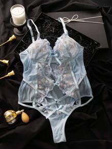 Women's Sexy Embroidered Bodysuit - Blue - View 1