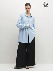 BizChic Blusa de escritório de negócios feminino, elegante estilo viajante azul listrado laço colarinho camisa solta - Azul - Ver 6