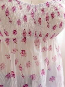 Soleia Áo sơ mi có họa tiết hoa màu xanh và trắng có eo đàn hồi và đường viền xù, áo đi nghỉ lãng mạn dành cho phụ nữ ngoại cỡ - Màu tím hoa cà - Xem 6