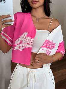 Comfortcana 热粉色字母图案双色落肩短款针织衬衫，短袖上衣 - 彩色 - 查看 7