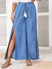 SHEIN VCAY Women's Blue Wide-Leg Denim Pants, Casual & Comfy For Vacation