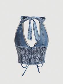 SHEIN MOD 前綁帶露背牛仔上衣 - 淺色水洗藍 - 查看 2