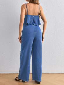 SHEIN Peto holgado de maternidad en denim, mono con camisola azul - Azul - Ver 3