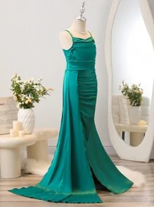 SHEIN Vestido Longo Sereia Ajustado Sem Mangas Verde Esmeralda Elegante, Adequado para Festa, Casamento, Concurso, Halloween, Eventos e Apresentações de Natal, Meninas Pré-Adolescentes - Verde Escuro - Visão 6