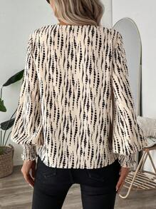 SHEIN LUNE Koszula robocza z marszczeniami w poprzek paska, z rękawami w kształcie latarni, w paski, w kropki, na co dzień, dla kobiet, z długim rękawem, z falbanką, z dekoltem w serek, regularny krój, regularny, wielokolorowy, z rozszerzanymi rękawami, bluzki damskie, wiosna/jesień, codzienne, codzienne ubrania