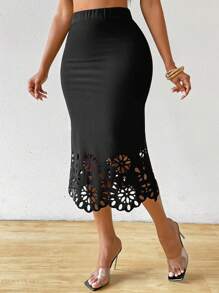 Chiquease Falda con dobladillo de sirena recortada con láser - Negro - Ver 4
