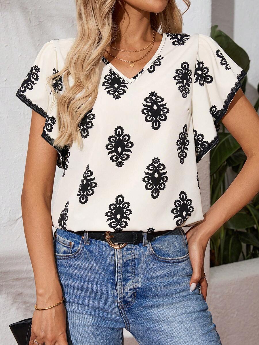 SHEIN LUNE Áo dài in họa tiết mùa hè cổ chữ V Ruffle Trim dành cho nữ - Màu be - Xem 1