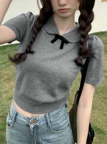 可爱减龄纯色彼得潘领泡泡袖少女针织上衣（不含蝴蝶结） - 灰色 - 查看 1