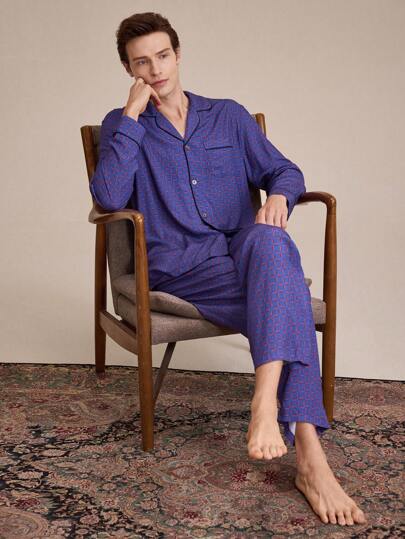 EverLounge Men's Button Front Pocket Homewear Set With All-Over Print