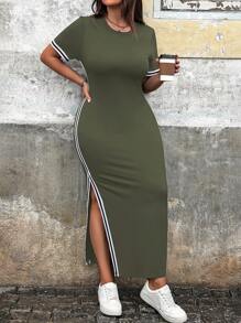 Calvaya Váy bó sát tay ngắn in họa tiết sọc hông cỡ lớn cho mùa hè, trang phục maxi cho nữ - xanh quân đội - Xem 4