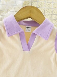 Baby Girl Summer Contrast Collar Tank Top & Scallop Trim Shorts - Multicolor - View 5
