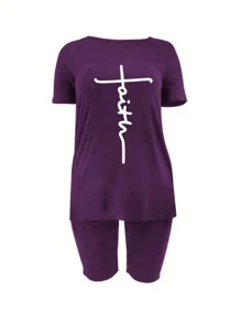 SHEIN Plus Letter Graphic Asymmetrical Hem Tee & Biker Shorts, For Summer - Violet Purple - View 3