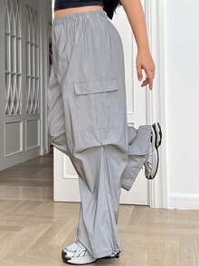 SHEIN EZwear Women's Plus Size Reflective Parachute Material Cargo Parachute Baggy Pants - Grey - View 3