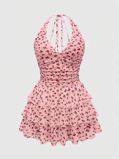 Sweetness Vestido de cuello halter con estampado de cerezas en todo el vestido, ultra corto, lindo y sexy