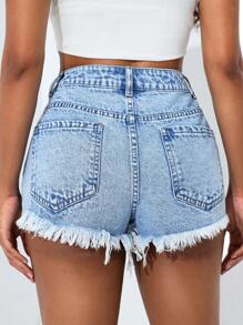 SHEIN PETITE 夏季破洞生邊牛仔短褲