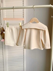 SHEIN Elladie kids Conjunto Elegante e Lindo de 2 peças para Meninas Bebês em Bege Claro para Uso Casual Diário no Outono, Apresentando Laço 3D e Lapela Grande - Caqui - Ver 2
