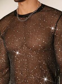 FeverCity Men's Sheer Mesh Round Neck Long Sleeve Knit T-Shirt, Suitable For Summer - Black - View 4