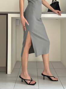 DAZY 女式修身高腰开叉连衣裙优雅太阳裙 - 灰色 - 查看 4