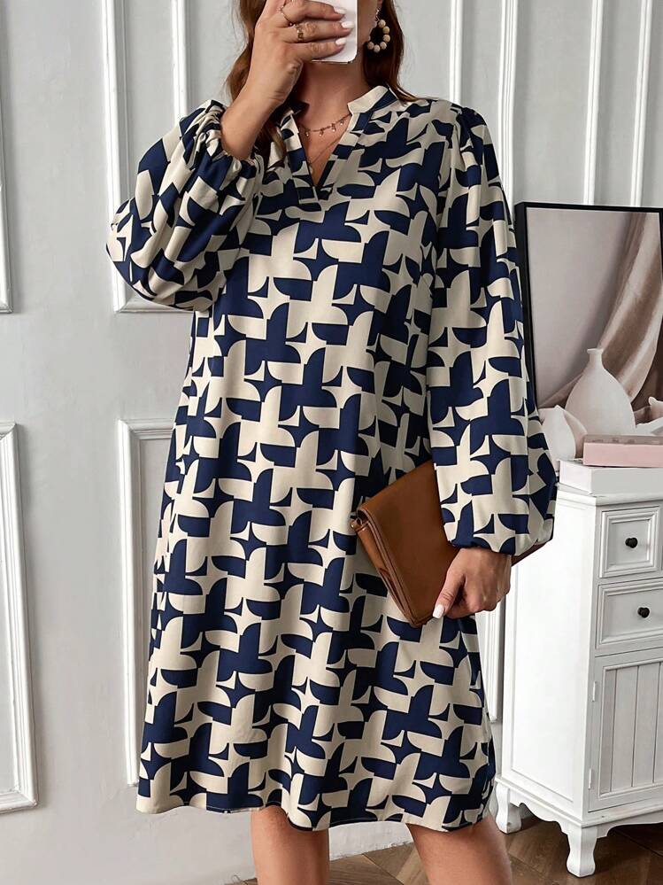 EMERY ROSE Plus Size Colorblocked V-Neck Lantern Sleeve Summer Dress For Women,Spring/Vacation - Multicolor - View 4