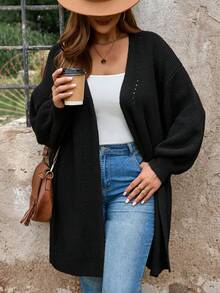 SHEIN LUNE 加大碼女式純色簡約日常長袖針織開襟外套 - 黑色 - 查看 3
