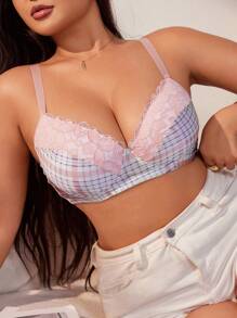 Plaid And Lace Fashion Plus Size Bustier Bra - Red - View 5