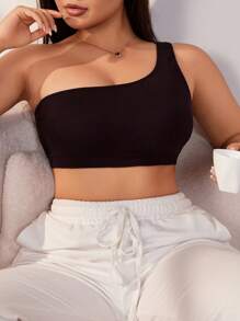 SHEIN Plus Comfortable Solid Wireless One Shoulder Bralette - Black - View 1