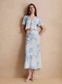 GENKIRA Random Fresh Flower Print Lace-Up Sexy High Waist Ruffle Hem Short Sleeve Long Dress Set - Multicolor - View 4