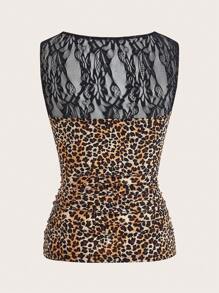 SHEIN Clasi 女式豹紋荷葉邊領褶皺蕾絲撞色背心