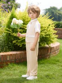 Boys' Pleated Shirt Collar And Bow Tie Linen Vest And Long Pants Gentlemen Outfit - Khaki - View 5