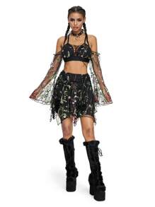 ROMWE Fairycore Áo crop top dài tay thêu hoa có ren phía trước, Lễ hội Rave - màu đen - Xem 6