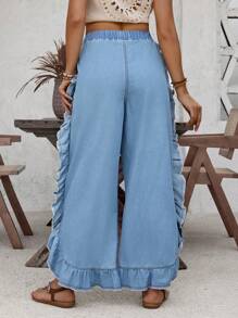 SHEIN LUNE Casual Water Washed Denim Flared Pants With Ruffle Hem