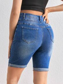 SHEIN Maternity Skinny Stretch Denim Capri Shorts With Rolled Hem, Blue - Blue - View 2