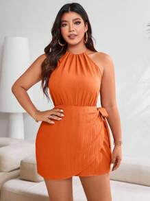 SHEIN LUNE Plus Size Women's Solid Color Simple Daily Open Shoulder Jumpsuit - Orange - View 3