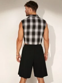FeverCity 男式寬鬆格子無袖襯衫套裝，適合夏季 - 彩色 - 查看 3