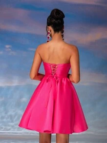 SHEIN Belle Đầm dự tiệc ngắn bằng vải satin lấp lánh xếp li sang trọng dễ thương không dây, đính sequin chắp vá, váy ngắn dự tiệc màu hồng phấn, váy dự tiệc cưới bán trang trọng, cho tiệc sinh nhật, lễ tốt nghiệp, tiệc về quê - Màu Hồng Tươi - Xem 6