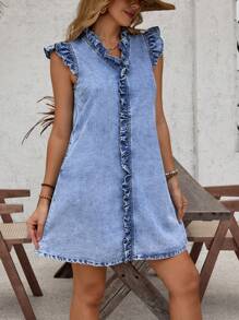 EMERY ROSE Solid Color Denim Dress With Frill Trimmed Cap Sleeve - Blue - View 6