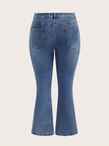 SHEIN CURVE+ Plus Size Denim Stretch Fashion Slim Flared Pants - Blue - View 9