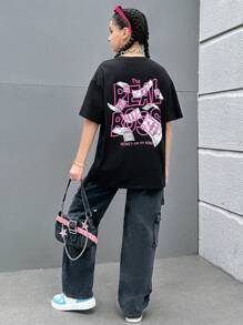 SHEIN Camiseta para adolescente con eslogan y patrón de dólares estadounidenses, perfecta para atuendos cómodos y casuales de verano