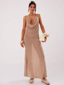 MUSERA Sexy Striped Loose Fit Draped Halter Neck Long Dress Summer, Beach, Sexy - Multicolor - View 1