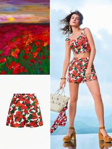MOTF X MARIA-VICTORIA CHECA ALLOVER FLORAL PRINT SLANT POCKET FOLD PLEATED SHORTS