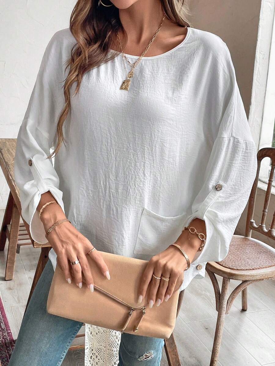 EMERY ROSE 椰子鈕圓領保健長袖襯衫 - 白色 - 查看 1