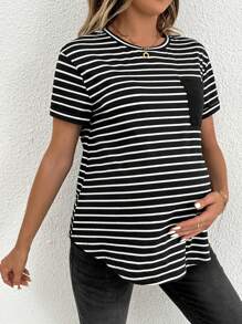 SHEIN Maternity Casual/Commute Striped Round Collar Short Sleeve T-Shirt - Black and White - View 5