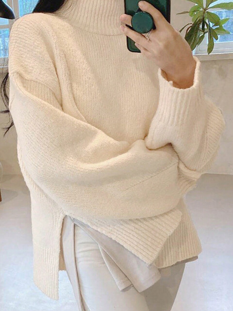 Solid High Neck Drop Shoulder Split Hem Sweater,Fall Women Clothes Long Sleeve Tops