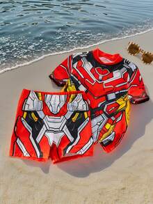 SHEIN Bộ đồ mùa hè cho trẻ em, Bộ đồ bơi tay ngắn cổ tròn họa tiết Mecha vui nhộn & tiện dụng cho bé trai, Kiểu dáng thoải mái và dễ thương, Thích hợp cho du lịch và chụp ảnh - Nhiều màu - Xem 10