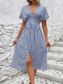 Chiquease Women's Striped Batwing Sleeve Tied Waist Vacation Casual Dress, Slimming - Blue and White - View 3