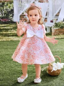 SHEIN Glamorique Kids 嬰兒女孩優雅花卉裝日常休閒裝，優雅，春夏新款蓬松裙子裙裝 - 彩色 - 查看 4